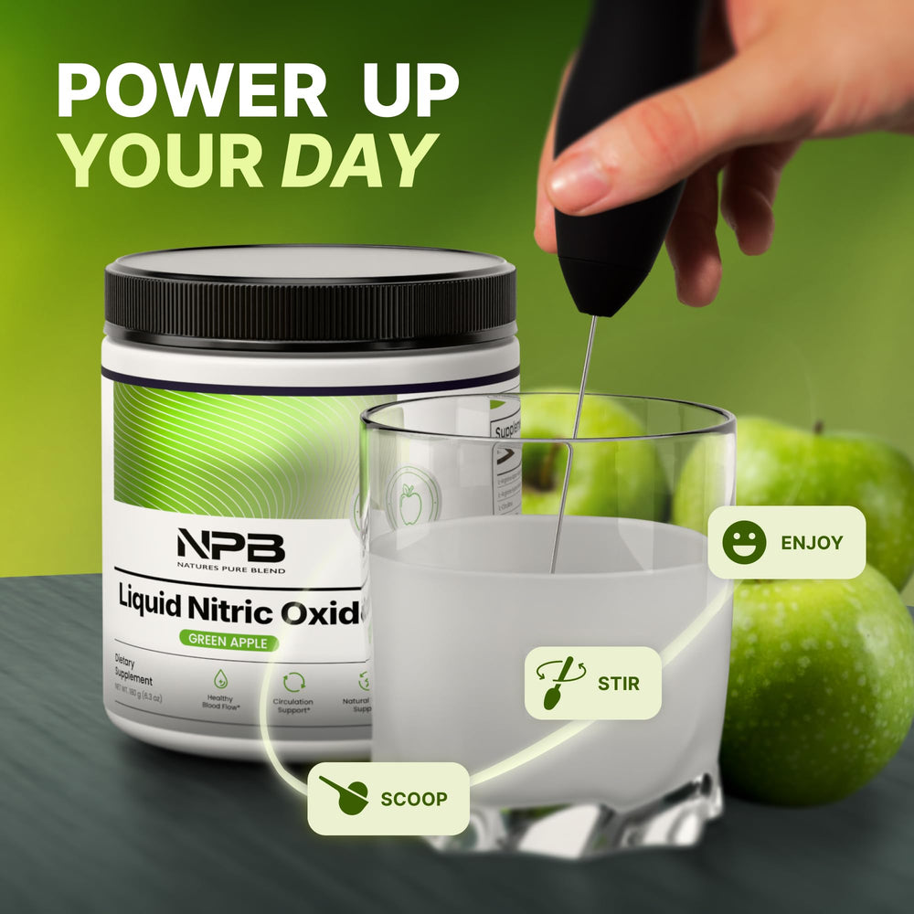 Nature's Pure Blend green apple powder beside a glass of prepared drink