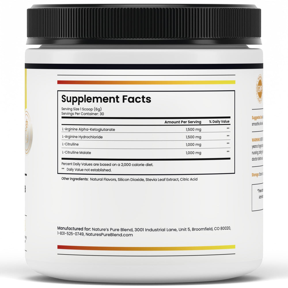 Nature's Pure Blend NO powder scoop beside bottle, tropical flavor noted.