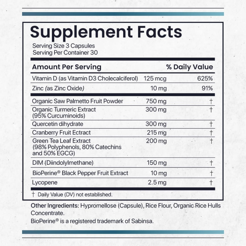 Nature's Pure Blend Prostate Flow ingredient blend includes saw palmetto and turmeric