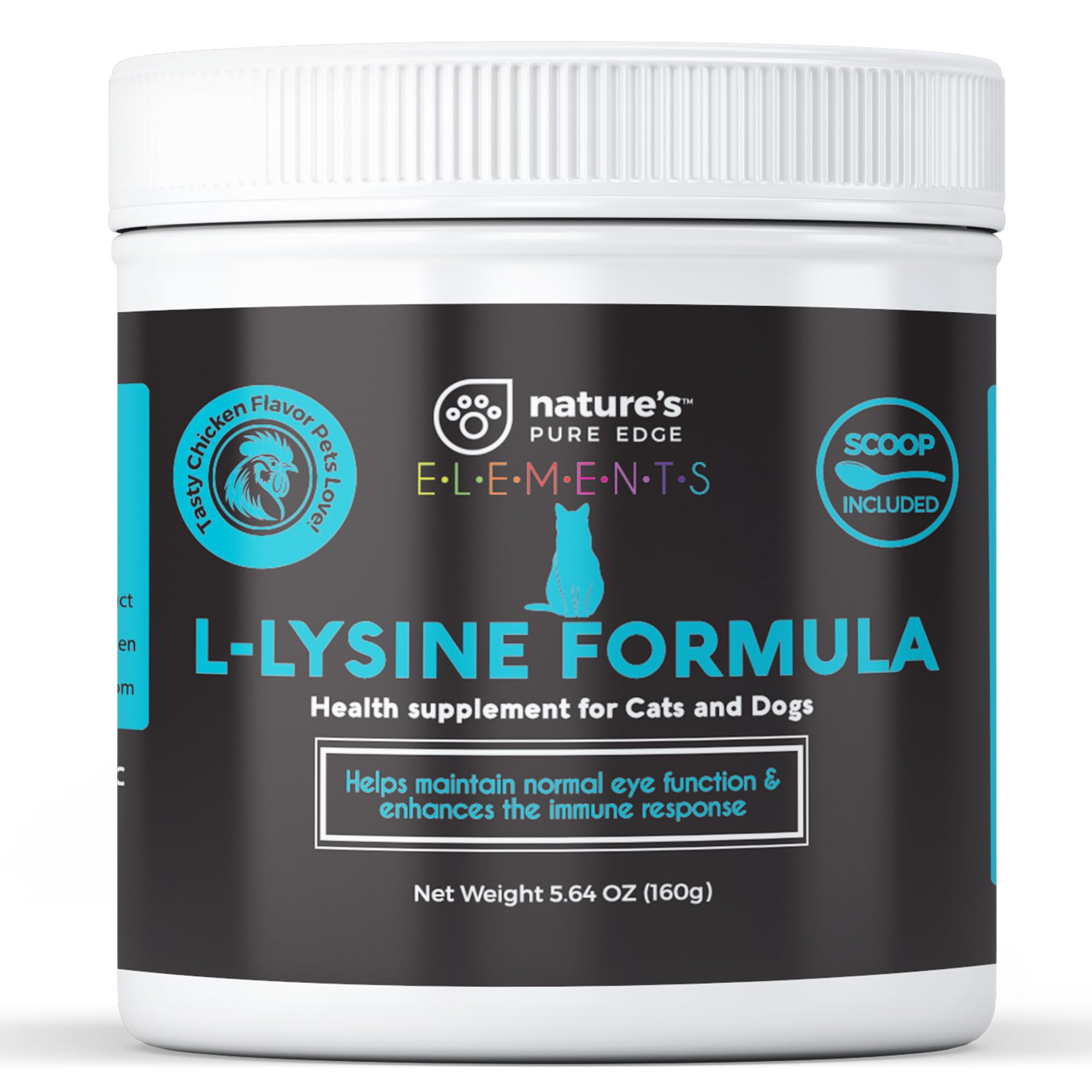 Nature's Pure Edge L-Lysine powder bottle promotes immune support for cats and dogs.