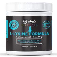 Nature's Pure Edge L-Lysine powder bottle promotes immune support for cats and dogs.
