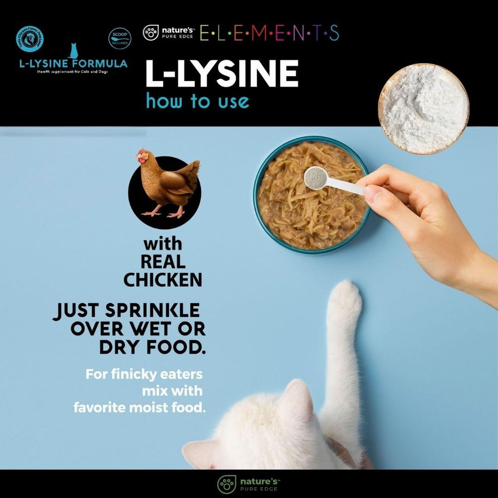 Nature's Pure Edge L-Lysine powder with brewer's yeast and chicken flavor ingredients.