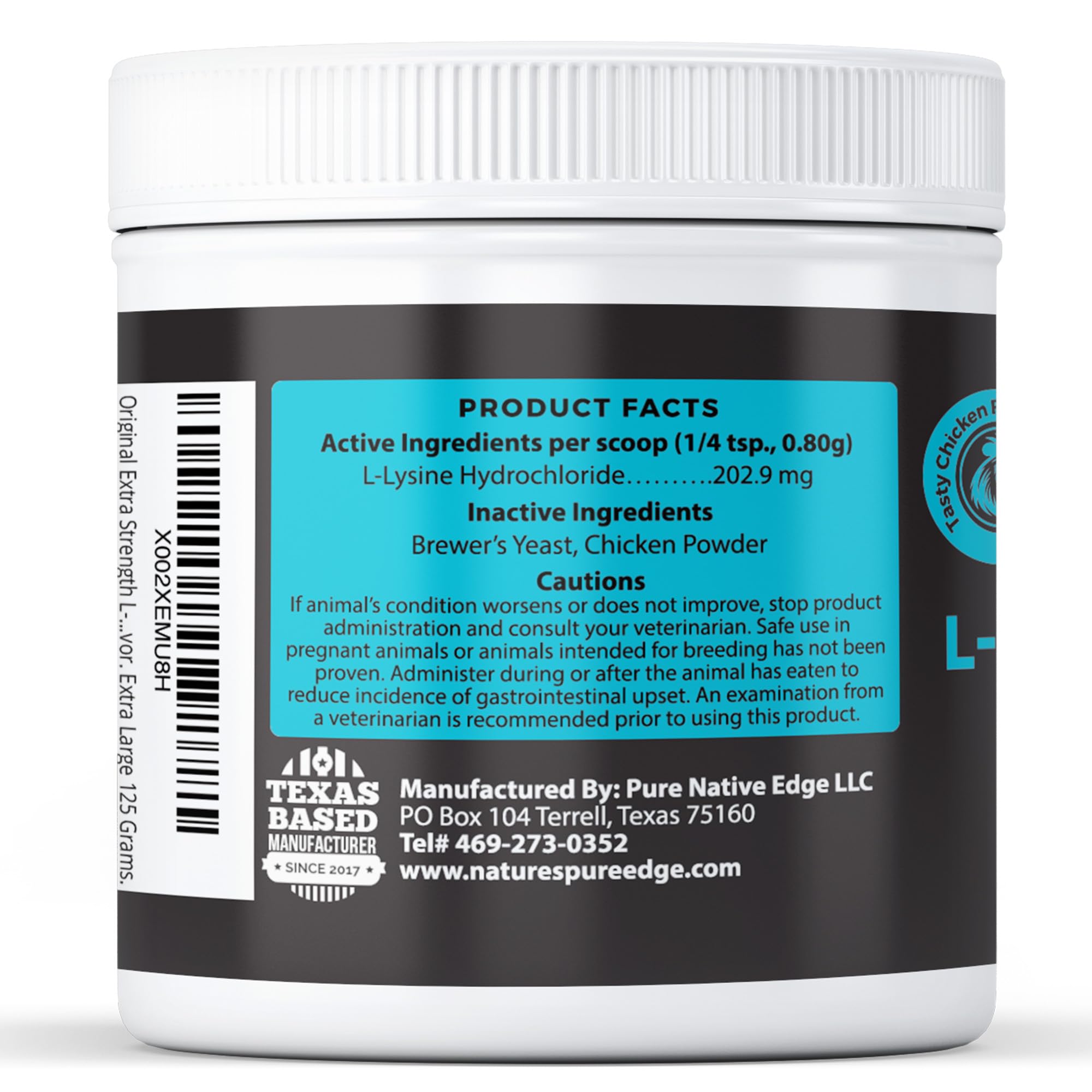 Nature's Pure Edge L-Lysine powder pour demonstrates easy daily dosing for pets.