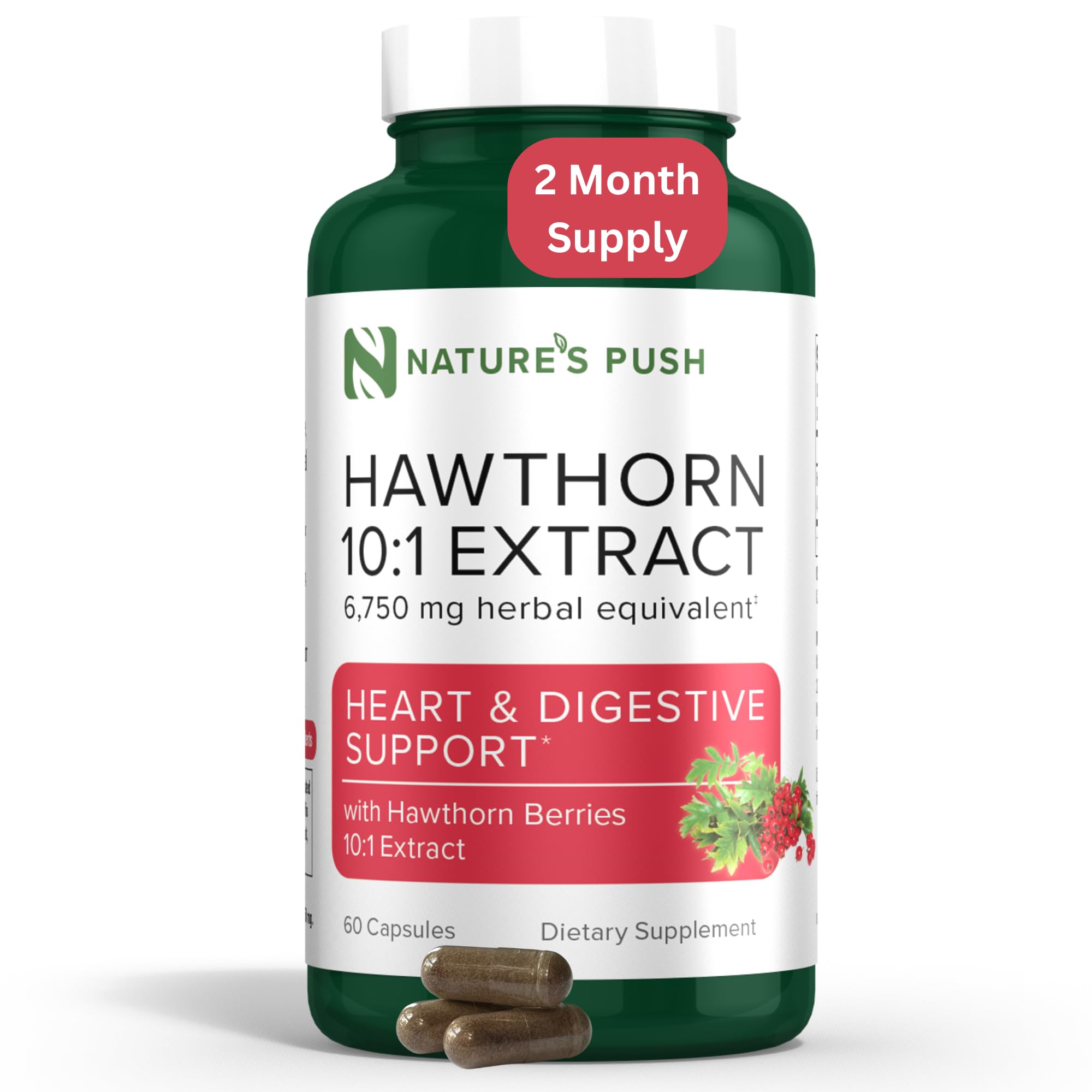 Nature's Push Hawthorn berry extract capsules for daily heart and digestion support.