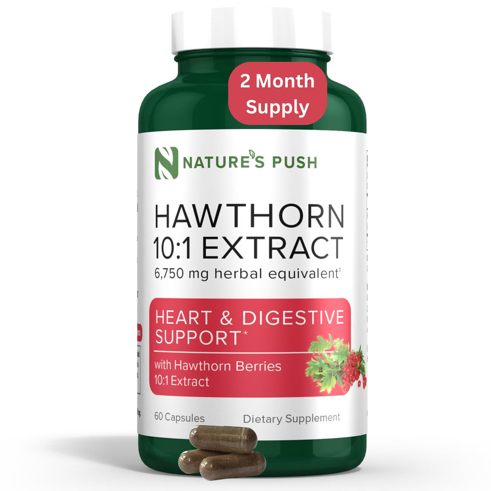 Nature's Push Hawthorn berry extract capsules for daily heart and digestion support.