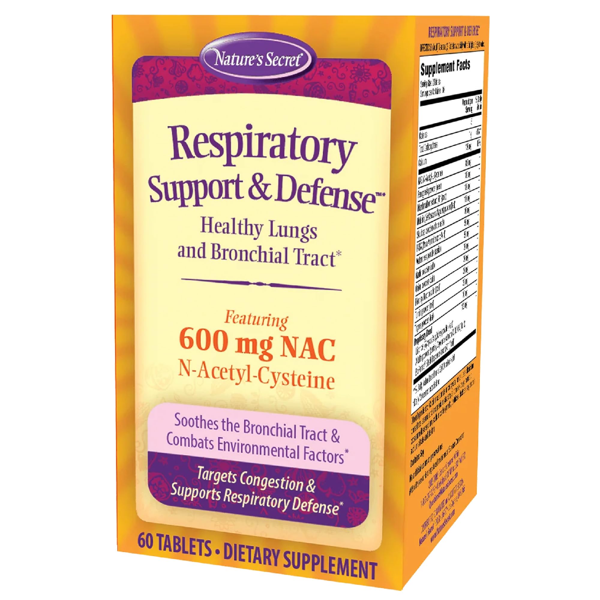 Nature's Secret Respiratory Support bottle of 60 tablets promotes everyday respiratory wellness.