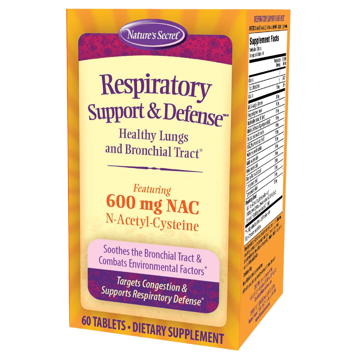 Nature's Secret Respiratory Support bottle of 60 tablets promotes everyday respiratory wellness.