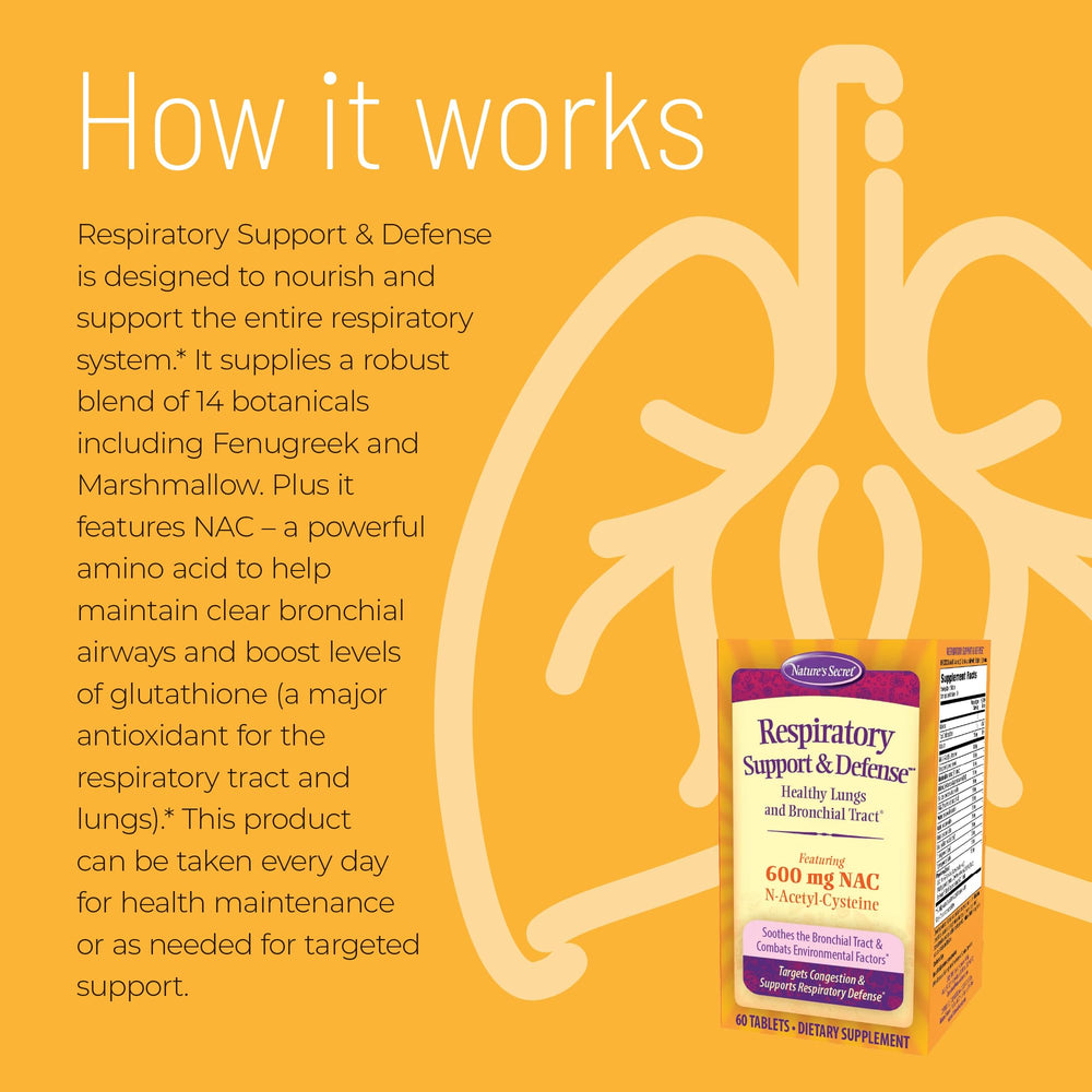 Nature's Secret Respiratory Support bottle on shelf for easy daily supplementation.
