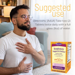 Nature's Secret Respiratory Support capsules closeup shows compact tablets for daily use.