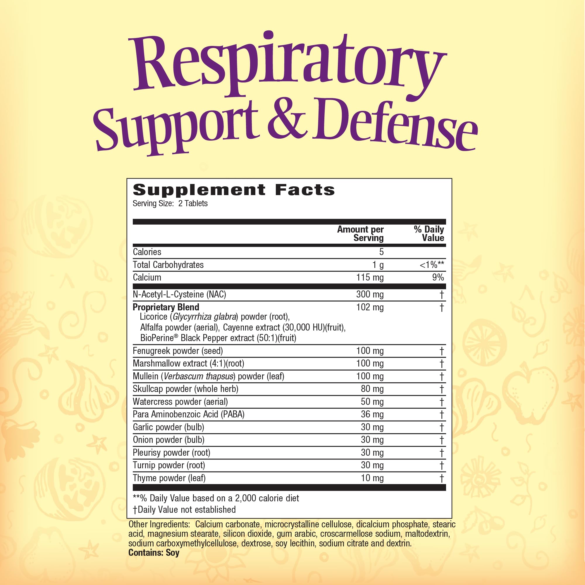 Nature's Secret Respiratory Support ingredients blend highlights NAC, fenugreek, and marshmallow.