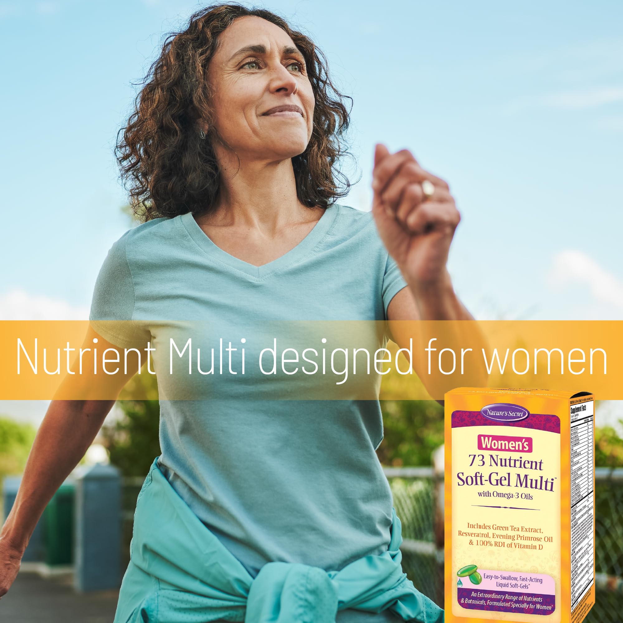 Nature's Secret Women’s 73-Nutrient Soft-Gel Multi lifestyle use scene suggests busy days.
