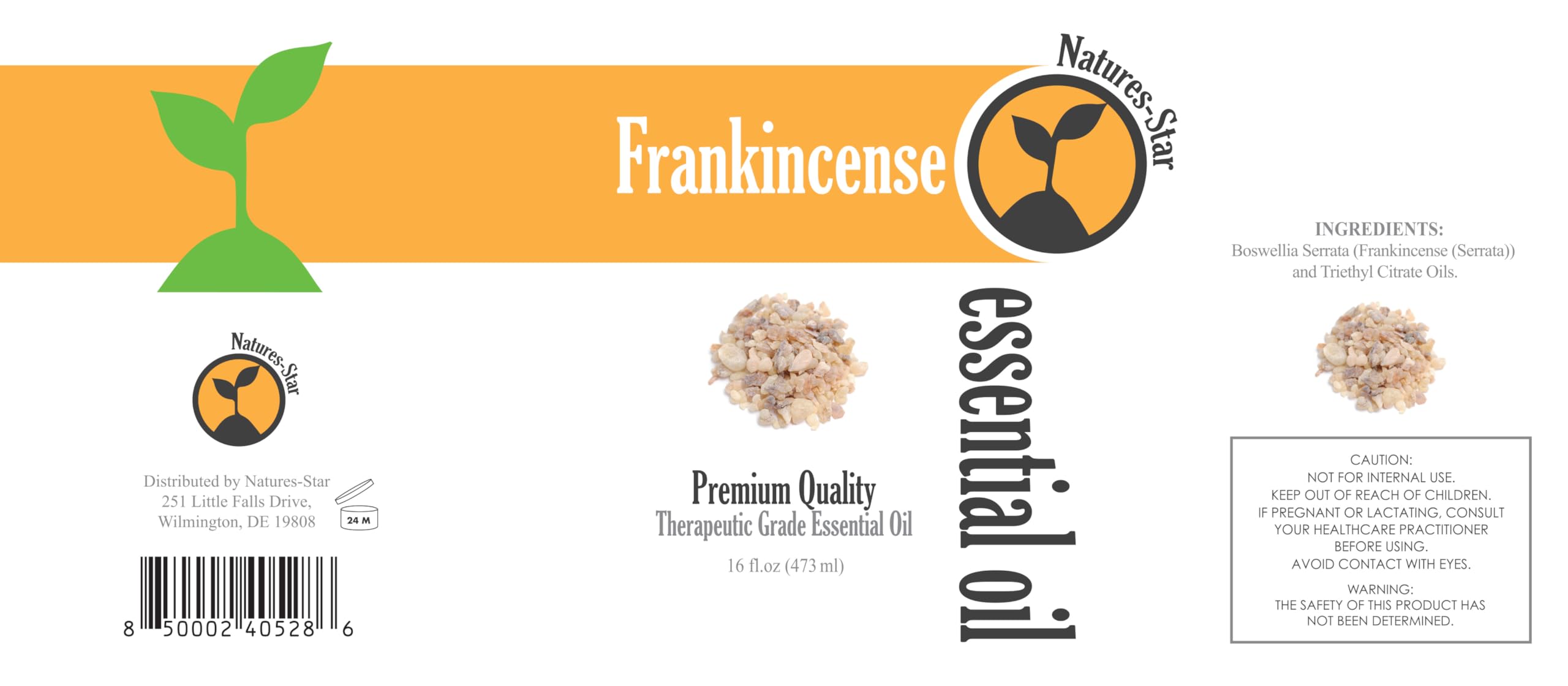 Close-up of Natures-Star frankincense oil label showing purity and grade