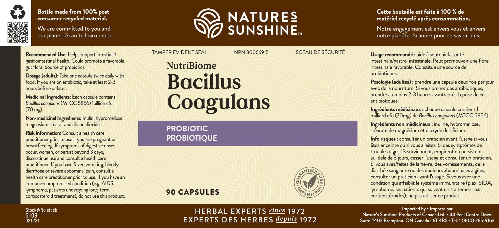 Nature's Sunshine NutriBiome packaging box emphasizes probiotic benefits and ease of use.