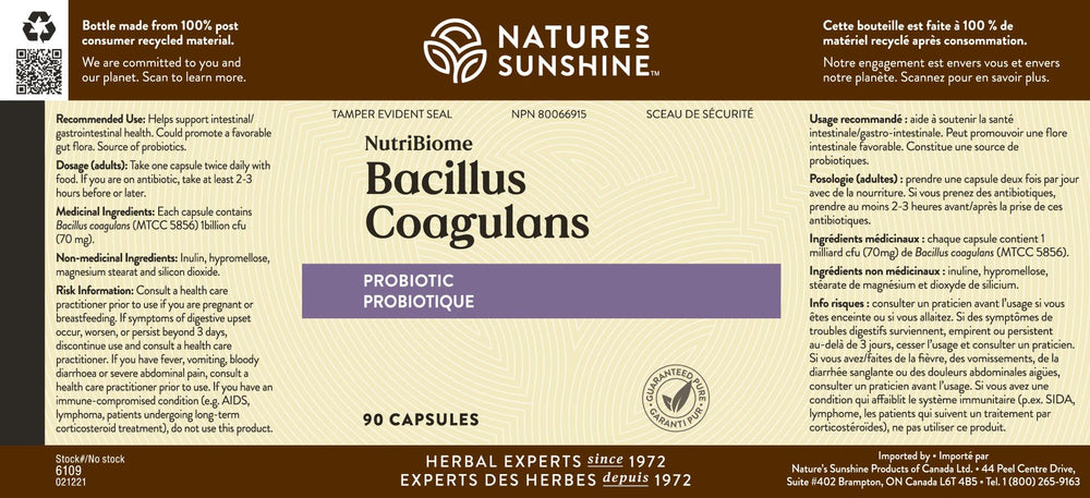 Nature's Sunshine NutriBiome packaging box emphasizes probiotic benefits and ease of use.