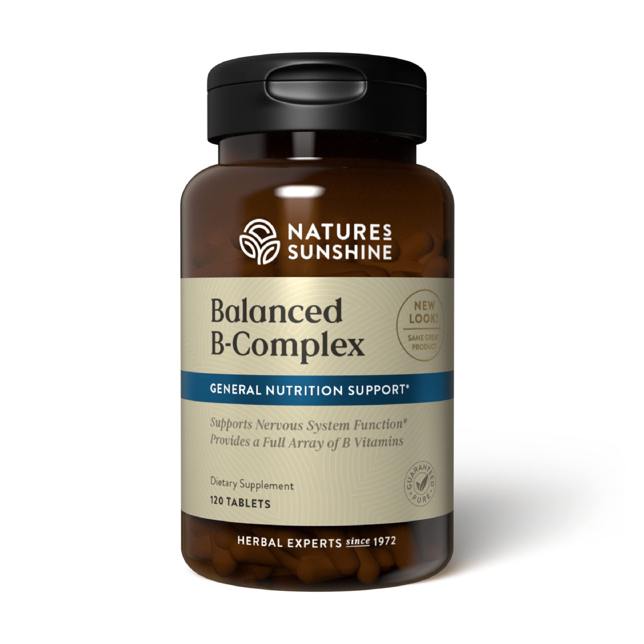 Nature's Sunshine Balanced B-Complex bottle pour shows full-spectrum B vitamins for daily support