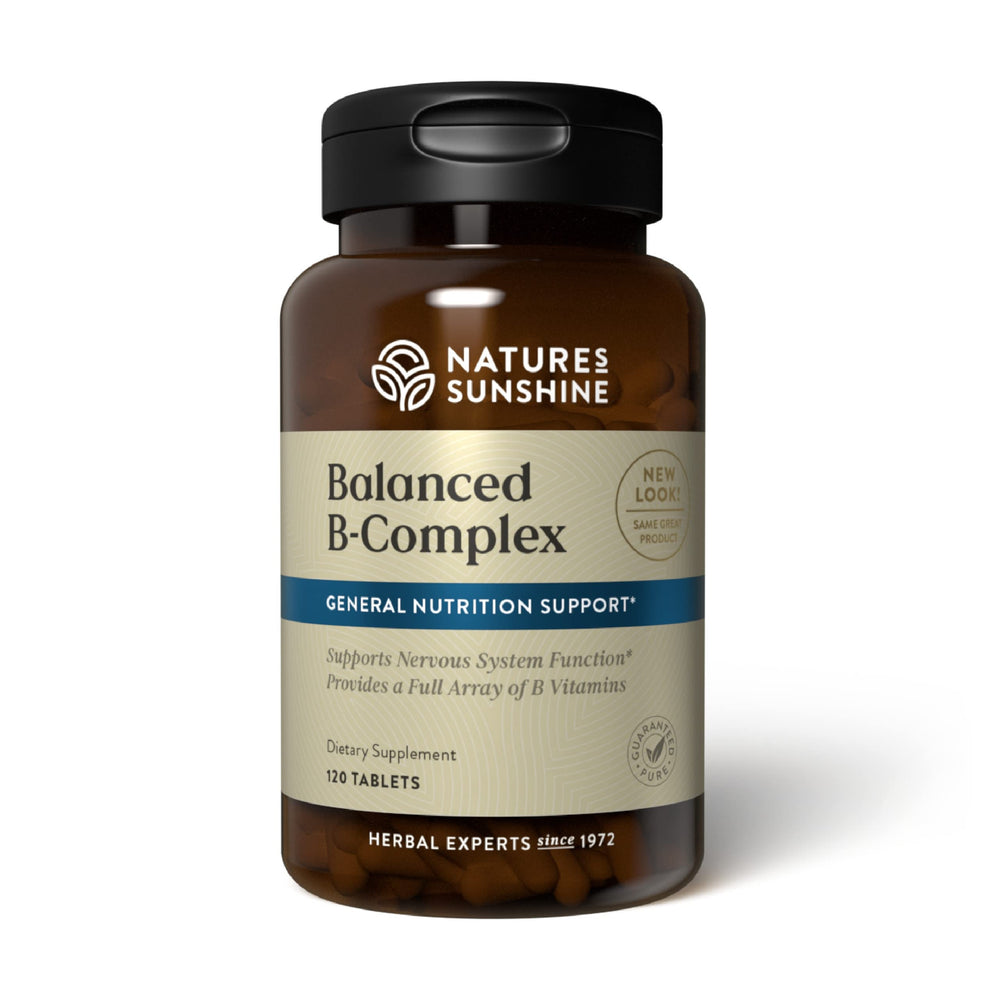 Nature's Sunshine Balanced B-Complex bottle pour shows full-spectrum B vitamins for daily support