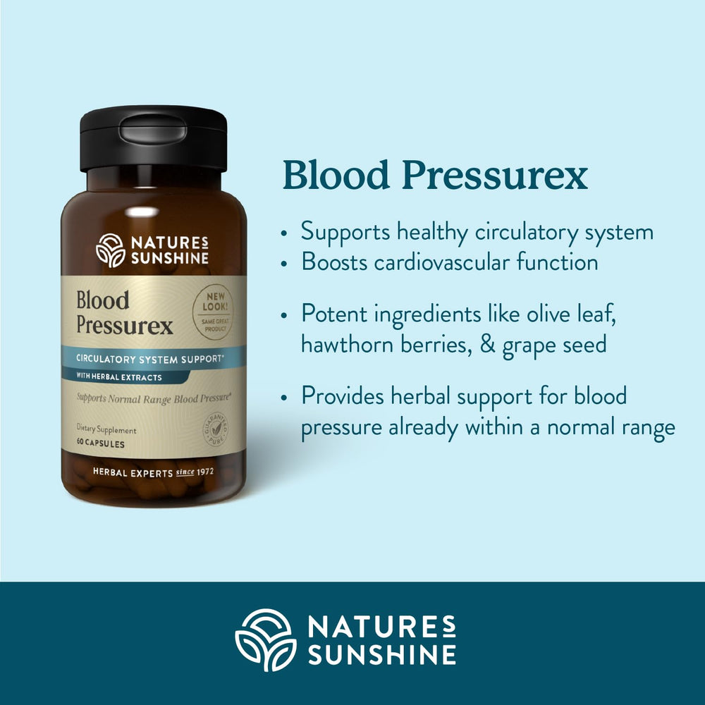 Nature's Sunshine Blood Pressurex label close-up highlighting natural ingredients.