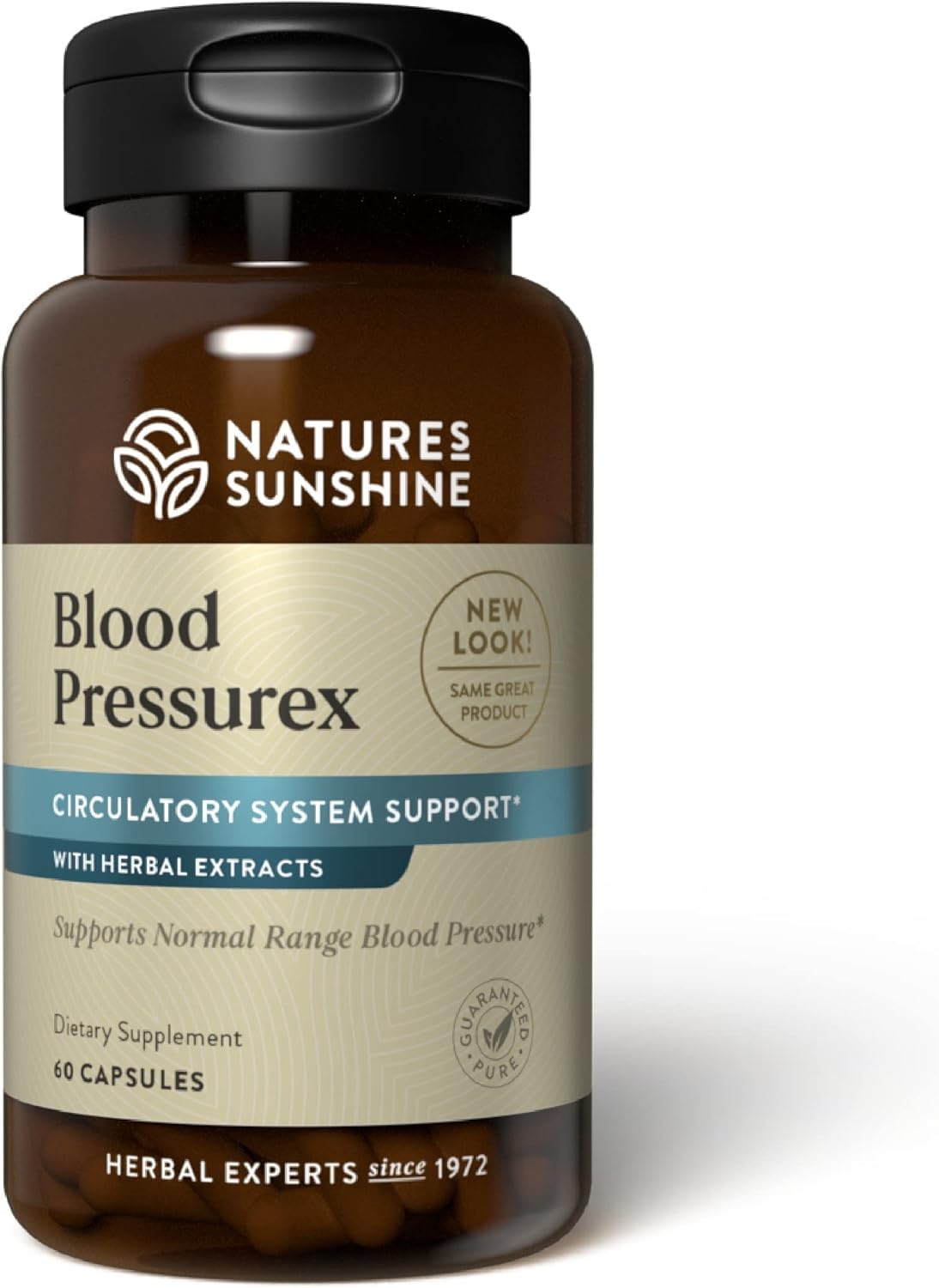 Nature's Sunshine Blood Pressurex bottle pouring for daily support.