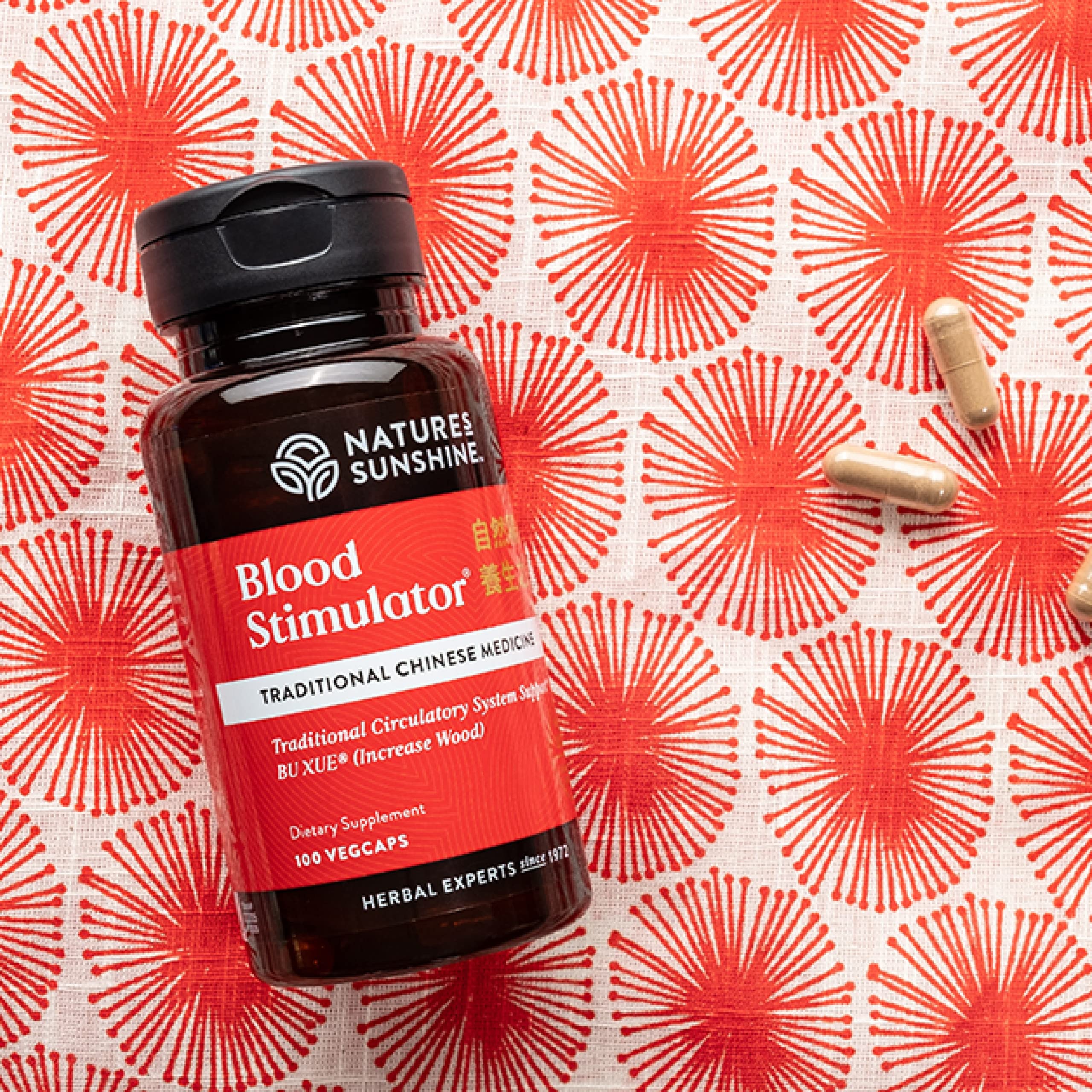 Nature's Sunshine Blood Stimulator capsules closeup highlights convenient 30-cap bottle for daily use