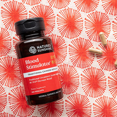 Nature's Sunshine Blood Stimulator capsules closeup highlights convenient 30-cap bottle for daily use
