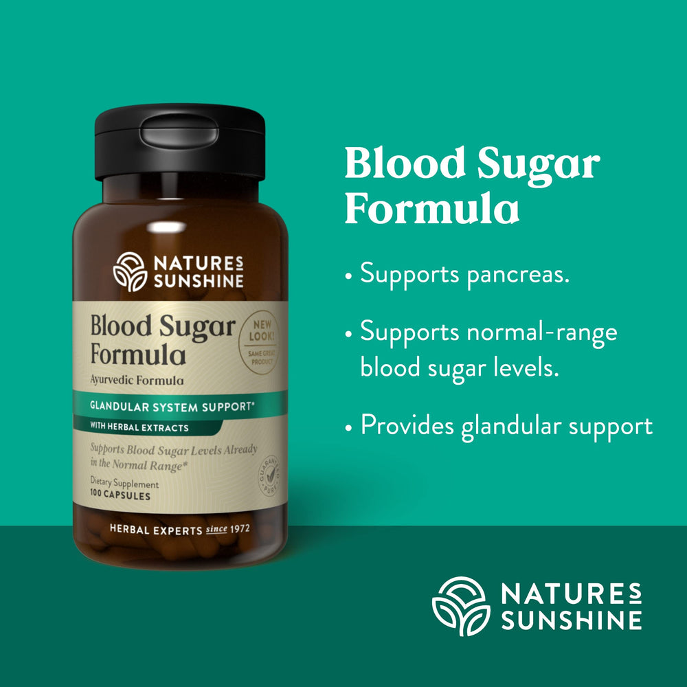 Nature's Sunshine Blood Sugar Formula capsules arranged for convenient daily supplementation.