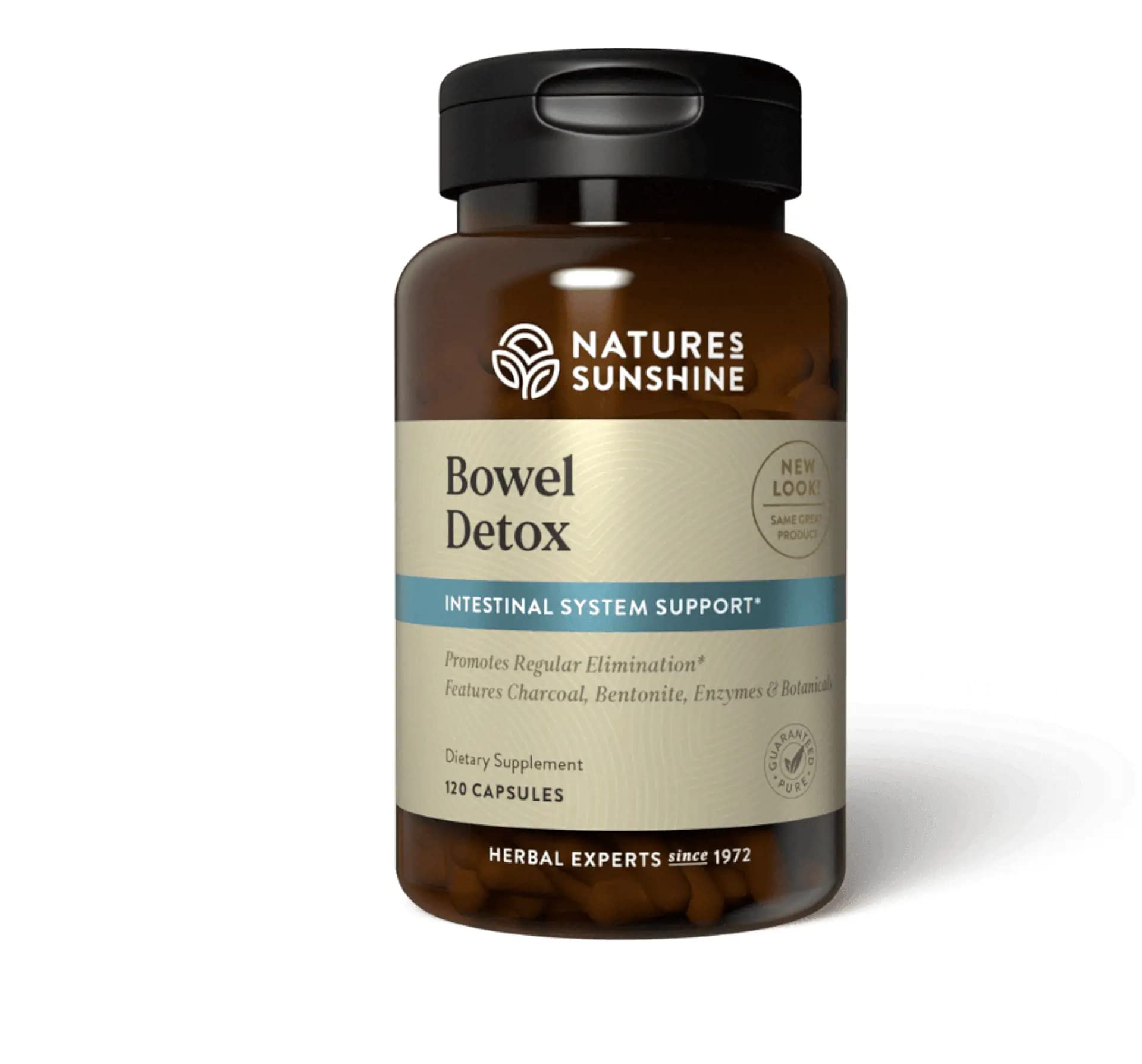 Nature's Sunshine Bowel Detox bottle pour shows convenient daily support for digestion.