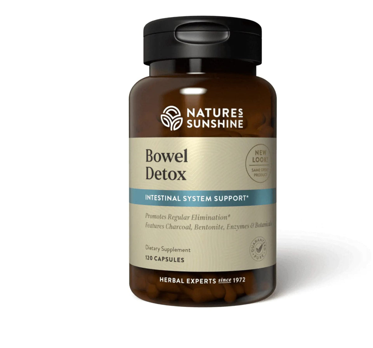 Nature's Sunshine Bowel Detox bottle pour shows convenient daily support for digestion.