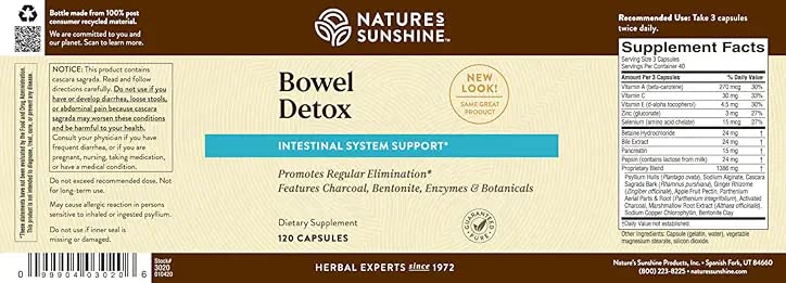 Nature's Sunshine Bowel Detox label packaging emphasizes detoxifying ingredients and cleanse focus.