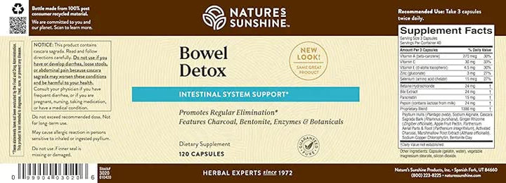 Nature's Sunshine Bowel Detox label packaging emphasizes detoxifying ingredients and cleanse focus.