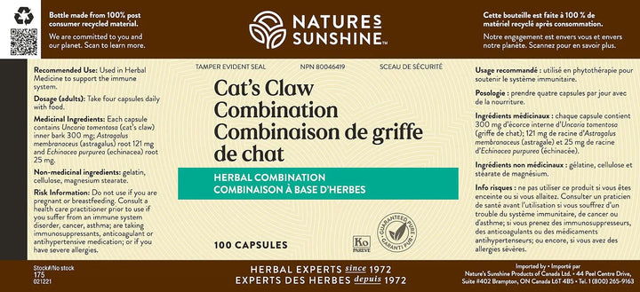 Nature's Sunshine Cat's Claw bottle close-up showing herbal ingredients for digestion-friendly support.