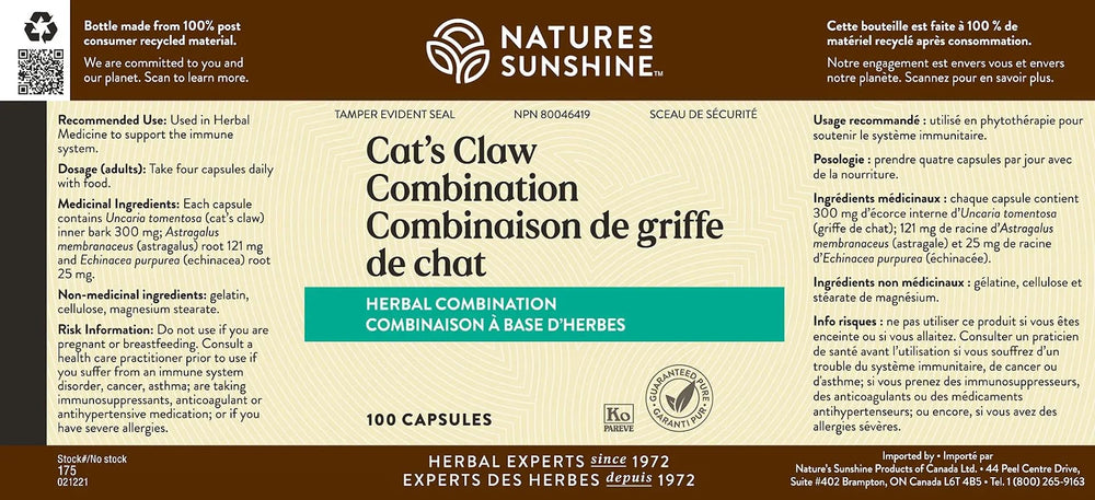 Nature's Sunshine Cat's Claw bottle close-up showing herbal ingredients for digestion-friendly support.