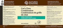 Nature's Sunshine Cat's Claw bottle close-up showing herbal ingredients for digestion-friendly support.