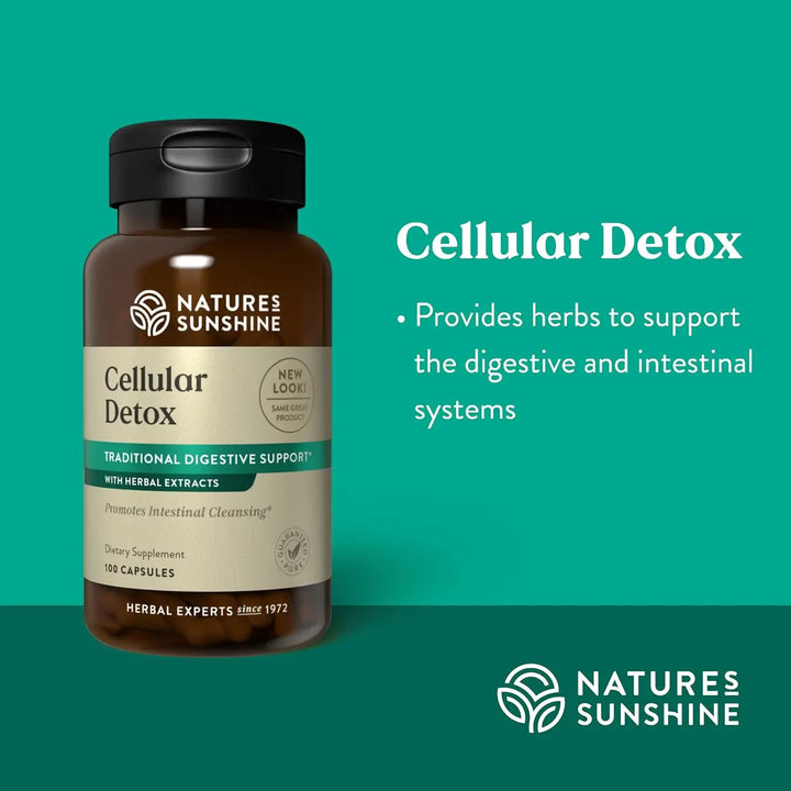 Nature's Sunshine Cellular Detox bottle label close-up highlighting herbal ingredients