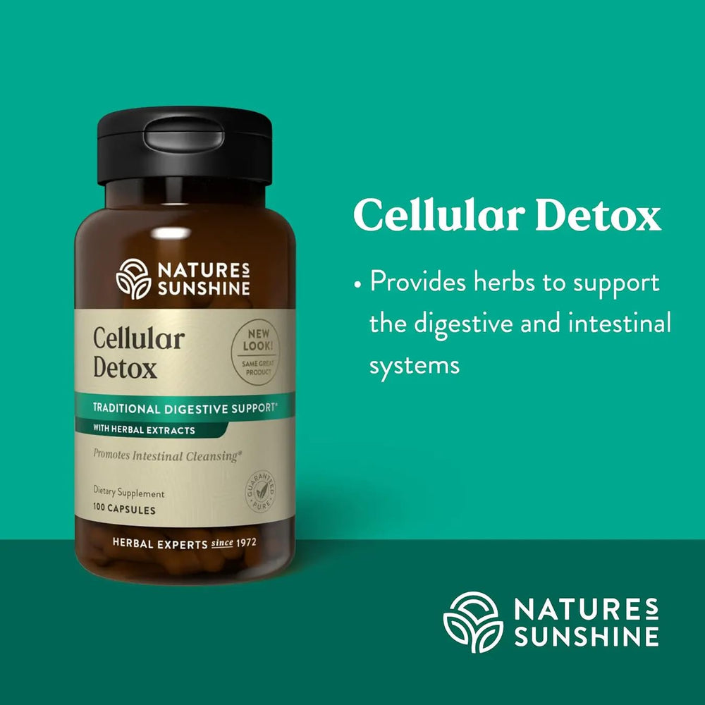 Nature's Sunshine Cellular Detox bottle label close-up highlighting herbal ingredients