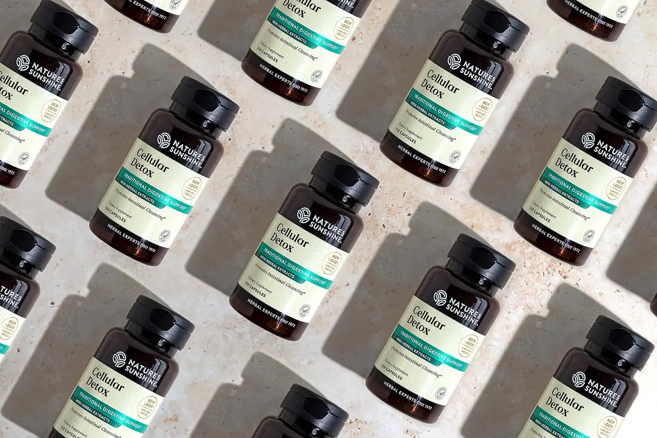 Close-up of Cellular Detox ingredients with gentian root and cascara in view