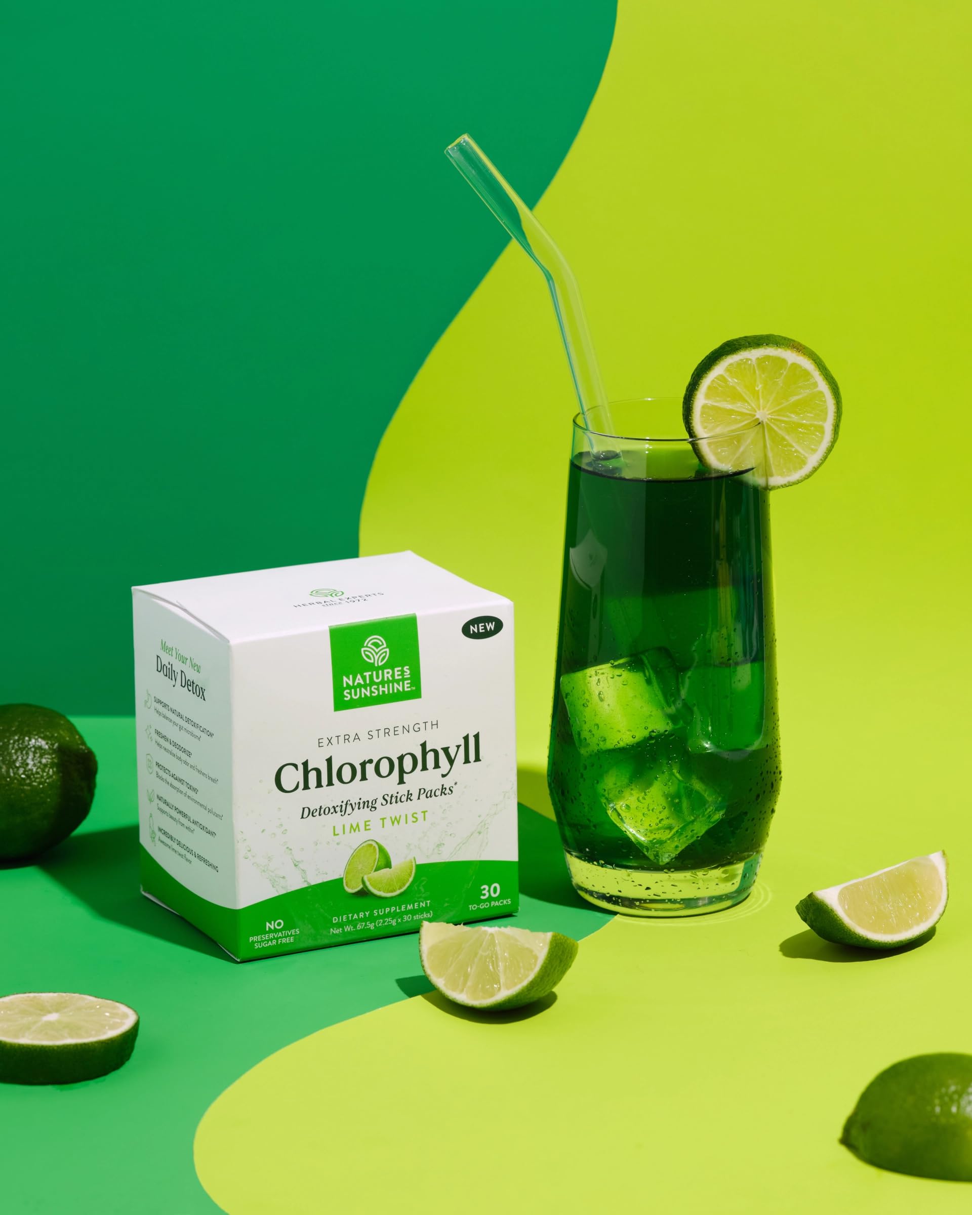 Close-up of Nature's Sunshine Chlorophyll Stick bottle with lime twist