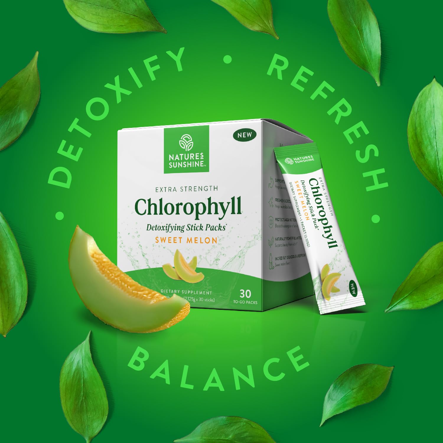 Eco-friendly design on Nature's Sunshine chlorophyll stick pack packaging.