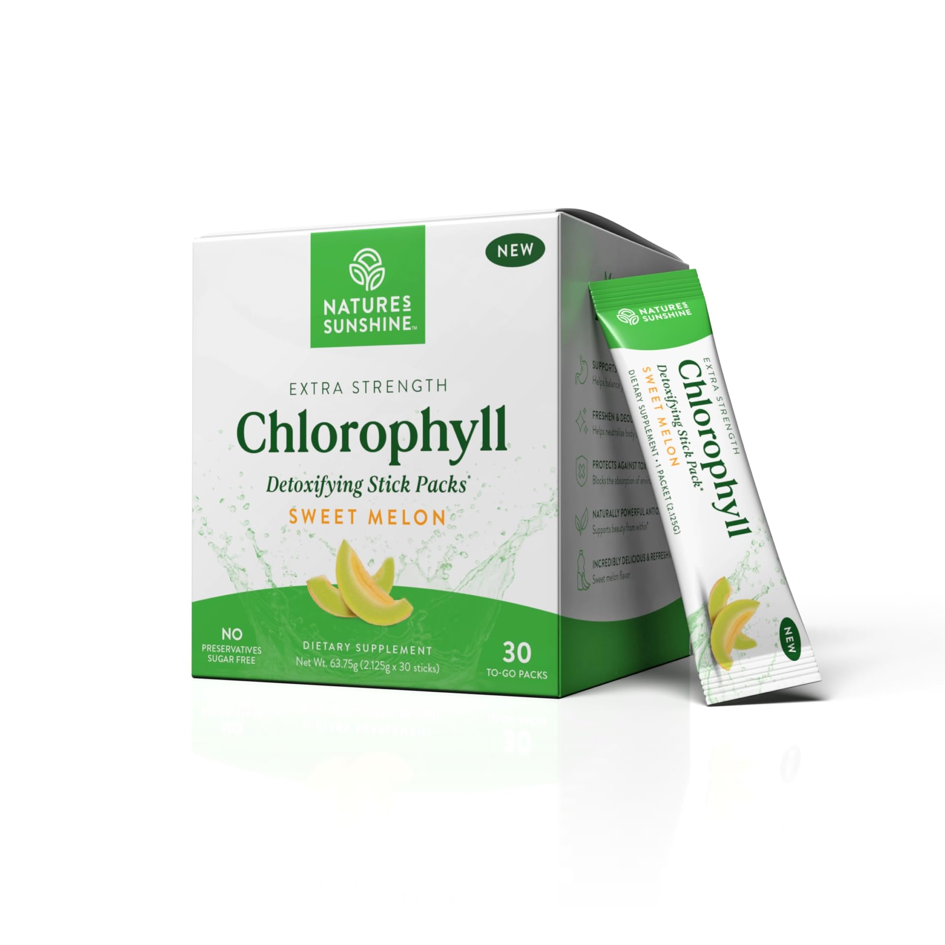Nature's Sunshine Chlorophyll Stick Pack Melon front view for convenient on-the-go drink.