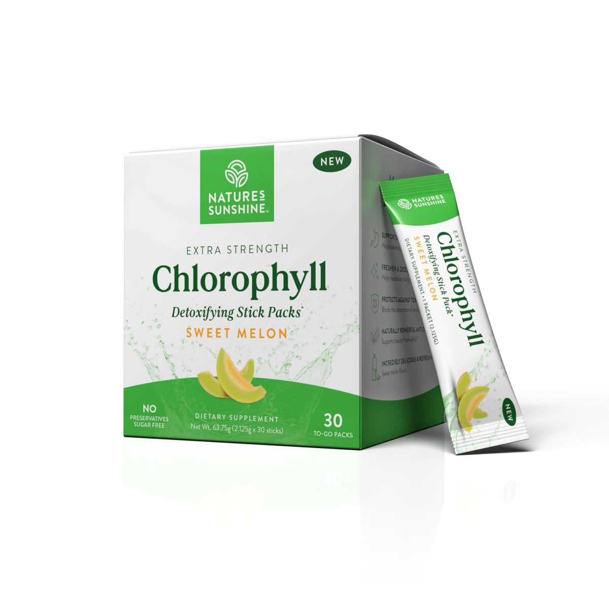Nature's Sunshine Chlorophyll Stick Pack Melon front view for convenient on-the-go drink.