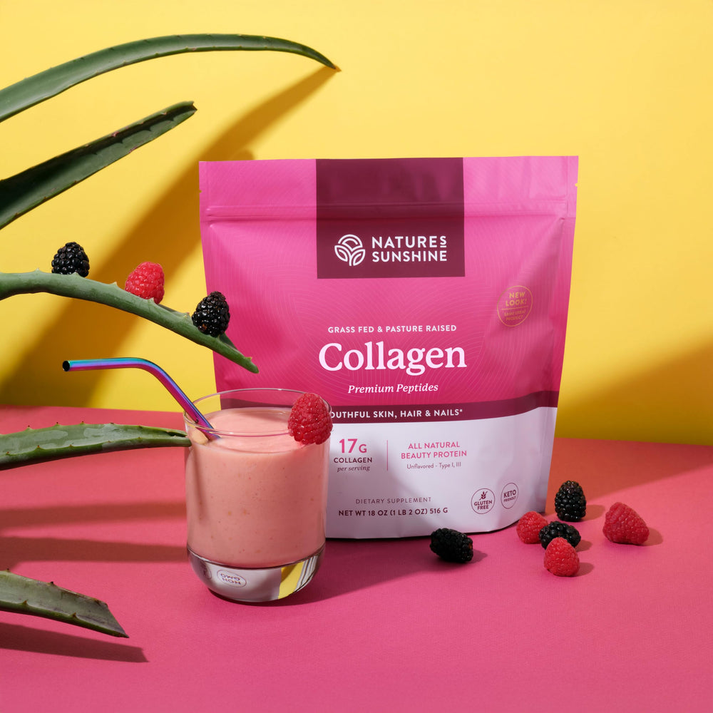 Nature's Sunshine collagen powder pouring into glass ready for hydration