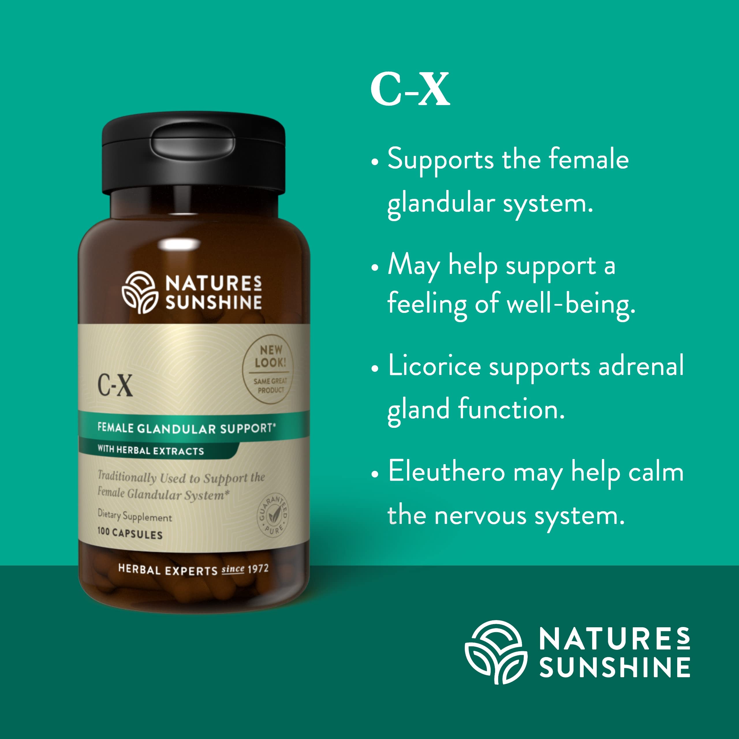 Nature's Sunshine C-X (100) bottle with glass of water for easy intake.