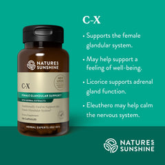 Nature's Sunshine C-X (100) bottle with glass of water for easy intake.