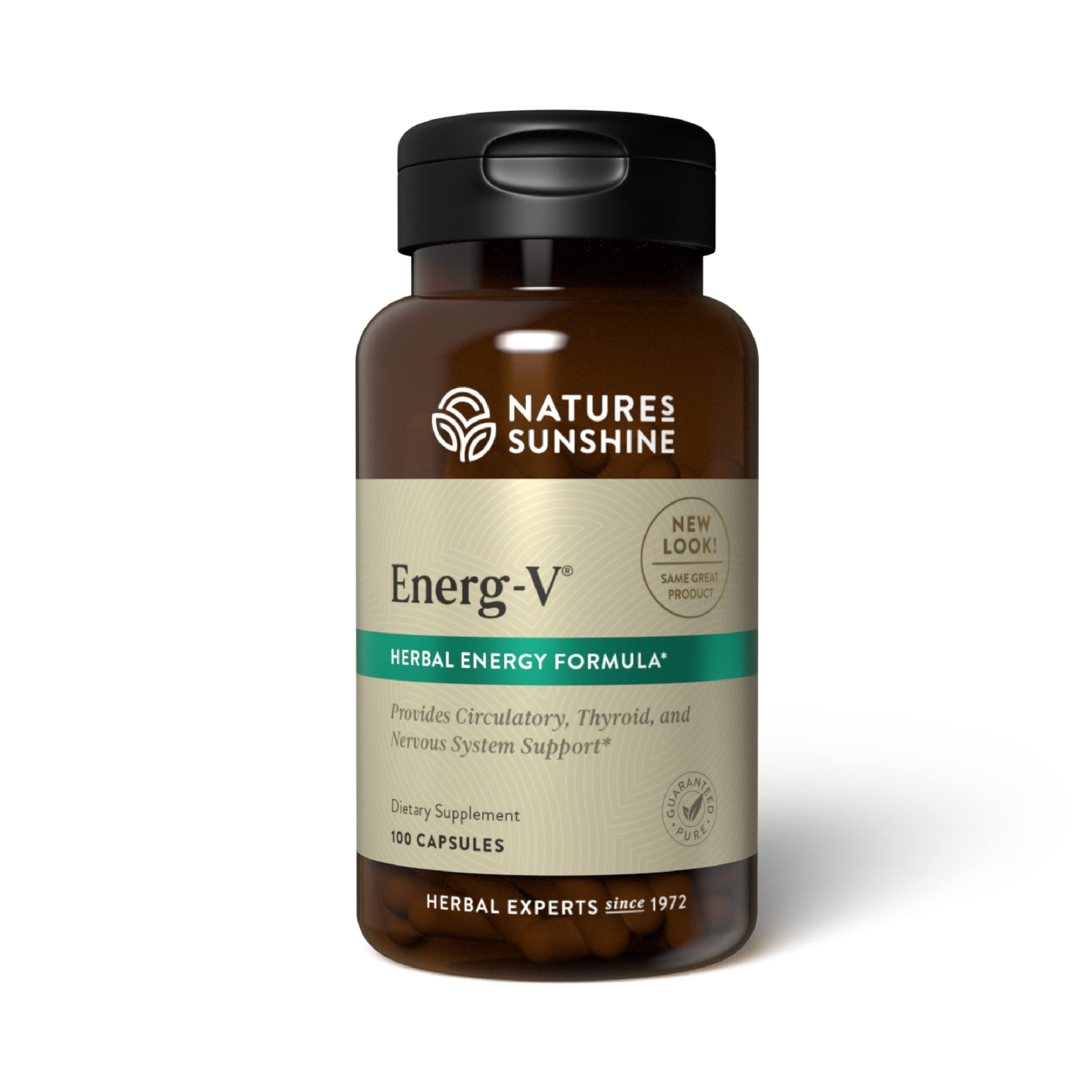 Nature's Sunshine Energ-V 100 capsules bottle on desk suggests energy support