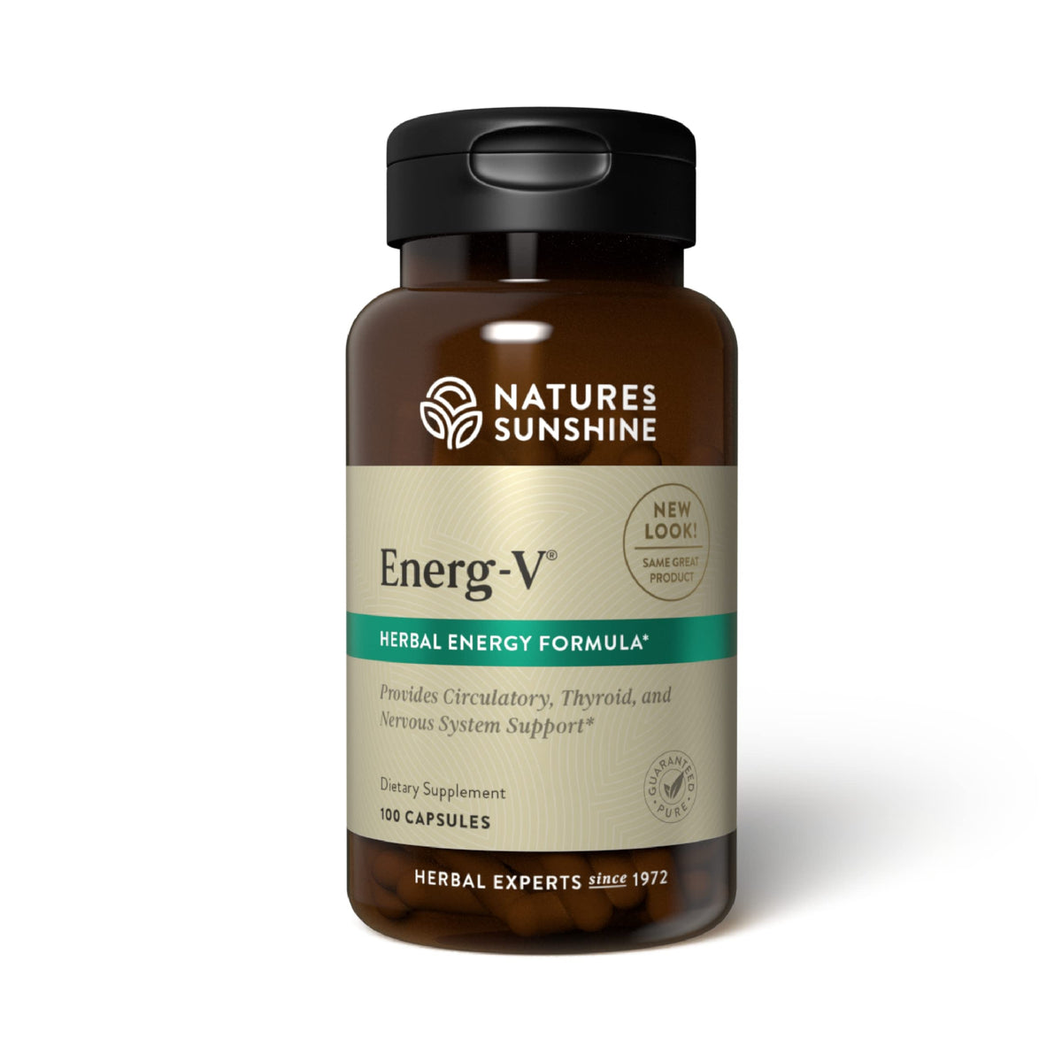 Nature's Sunshine Energ-V 100 capsules bottle on desk suggests energy support