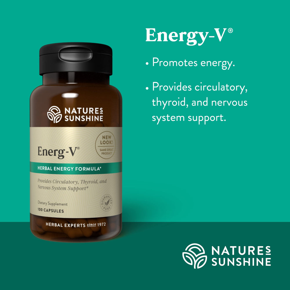 Nature's Sunshine Energ-V capsules close-up emphasizes compact form for daily use