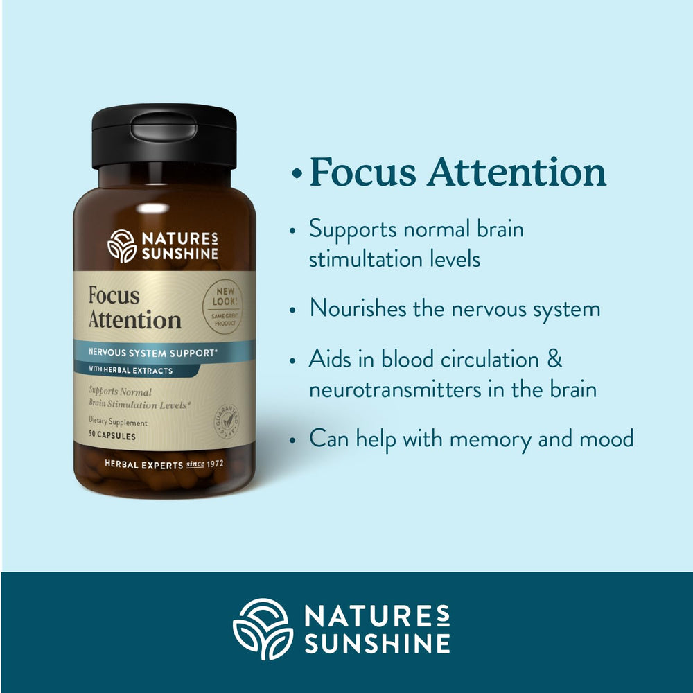 Nature's Sunshine Focus Attention capsules close-up suggesting easy daytime cognitive support.