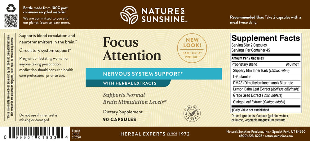 Nature's Sunshine Focus Attention packaging shown for a convenient daytime routine.
