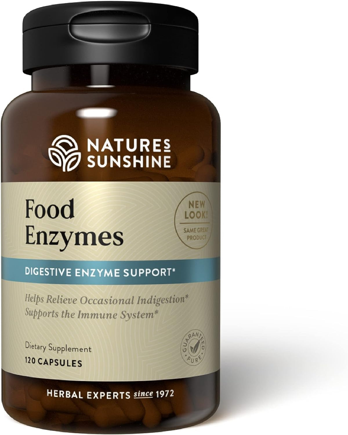 Nature's Sunshine Food Enzymes bottle pour demonstrates convenient digestive support after meals.
