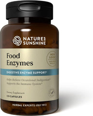 Nature's Sunshine Food Enzymes bottle pour demonstrates convenient digestive support after meals.