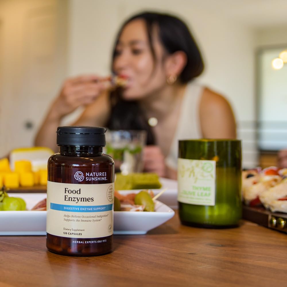 Nature's Sunshine Food Enzymes label closeup indicates potential relief from indigestion.